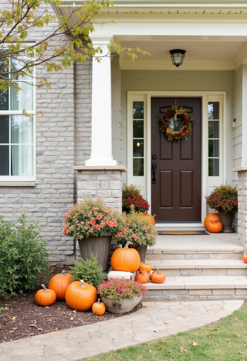 Home entrance decorated with pumpkins for fall season Home entrance decorated with pumpkins for fall season