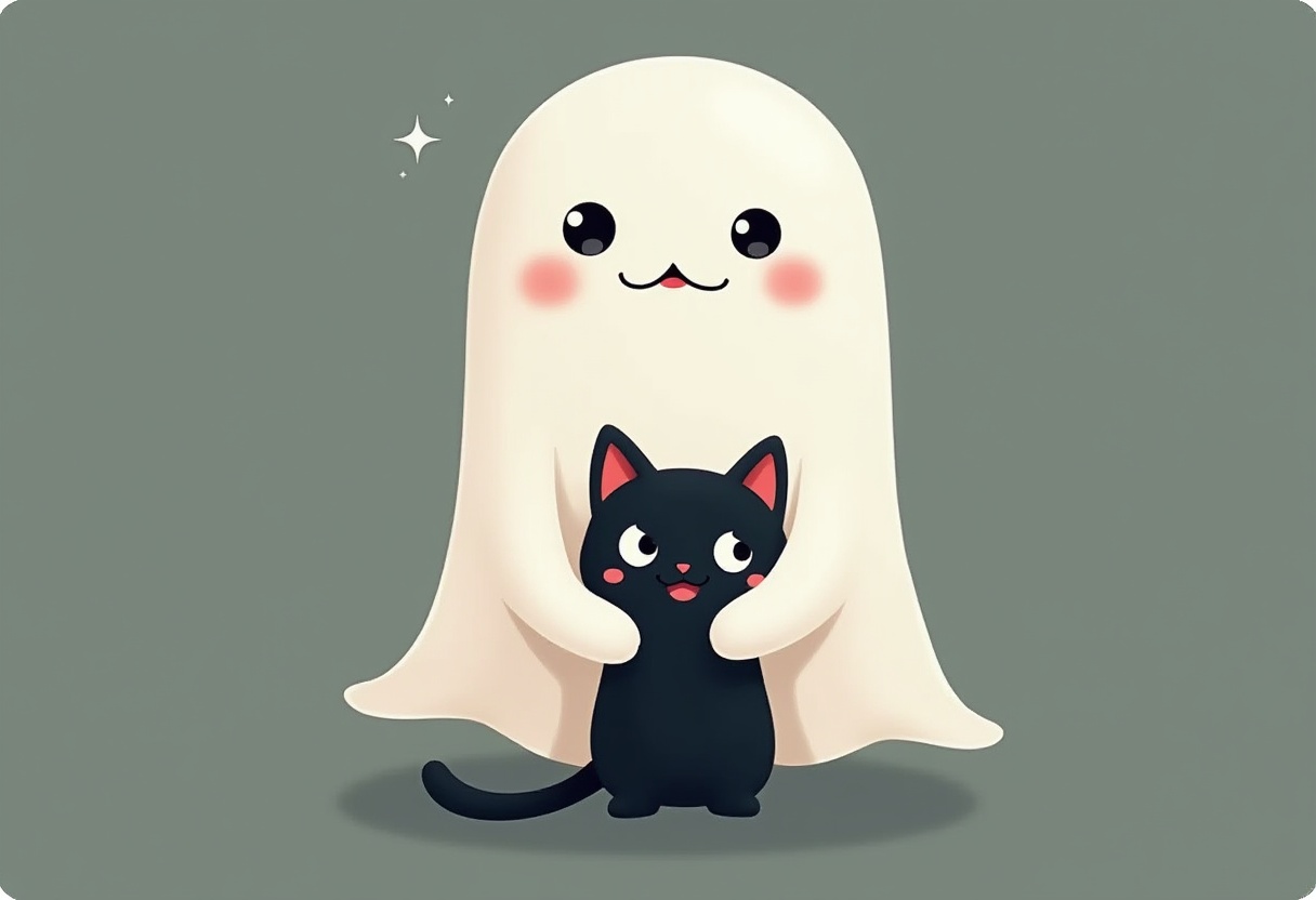 Friendly ghost hugs a cute black cat in playful scene Friendly ghost hugs a cute black cat in playful scene