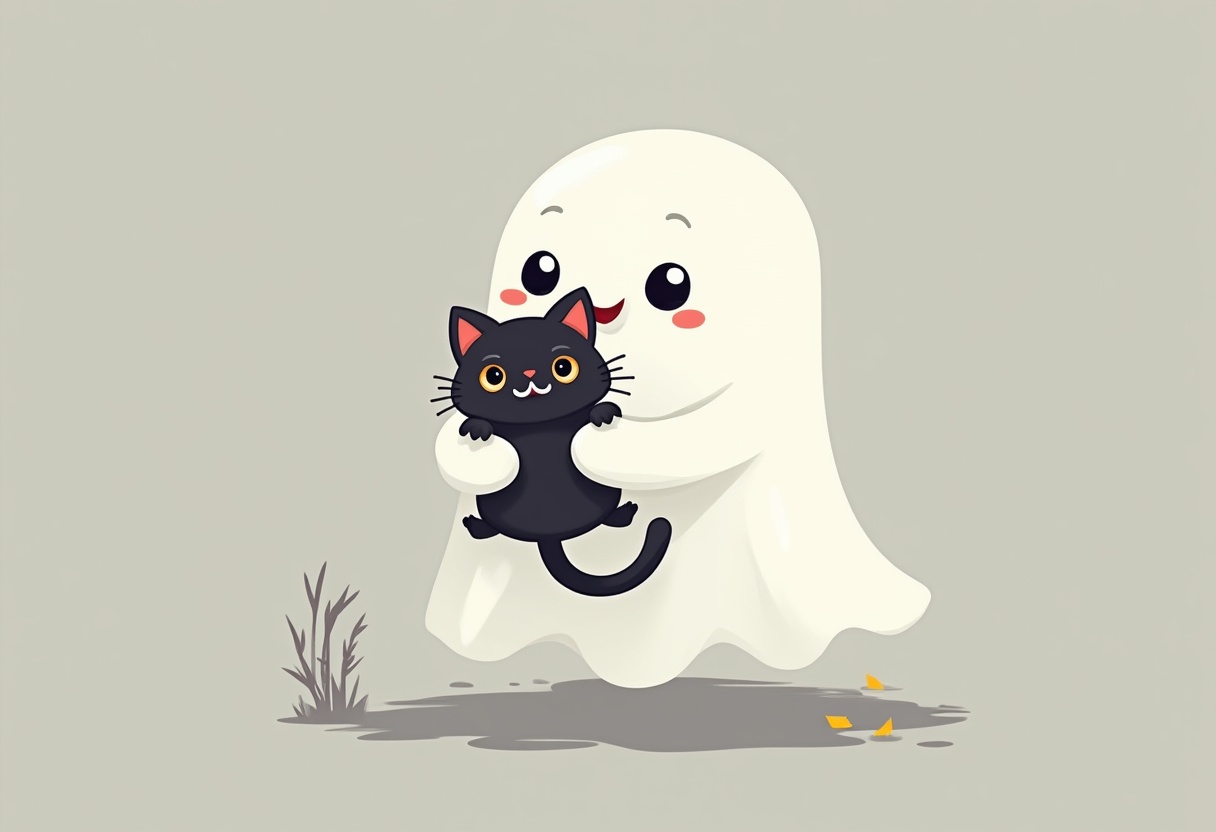 Cute ghost carries black cat in a playful scene Cute ghost carries black cat in a playful scene