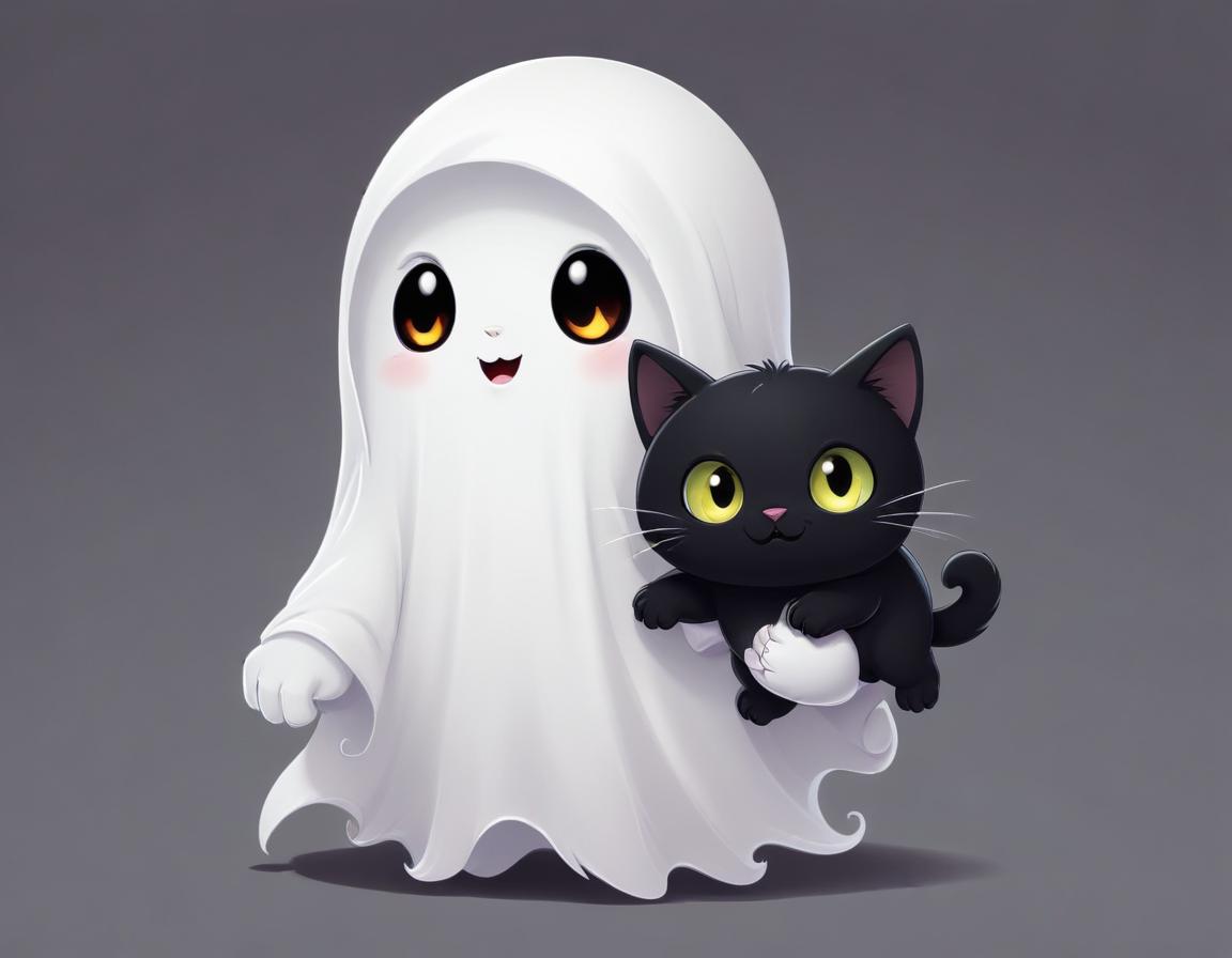 Cute ghost with a black cat in a playful pose Cute ghost with a black cat in a playful pose