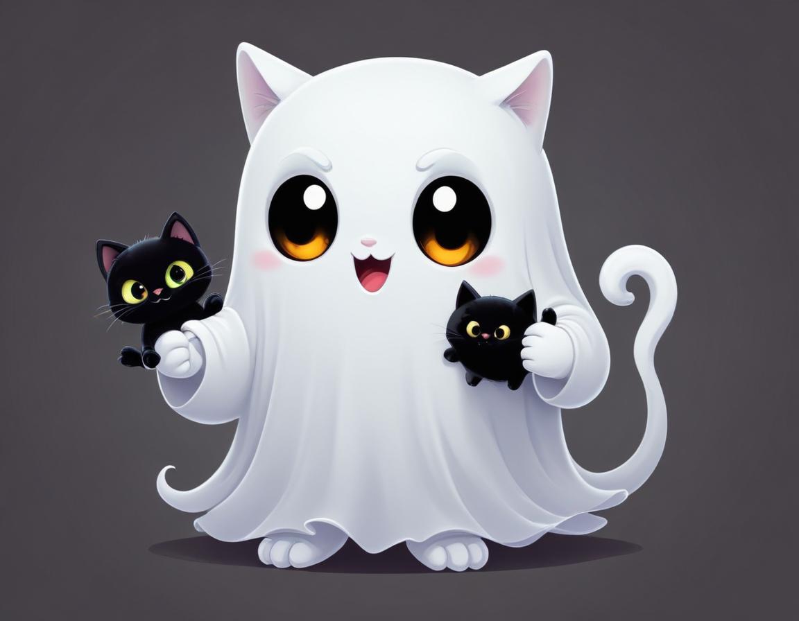 Cute ghost character holding black kittens with joy Cute ghost character holding black kittens with joy