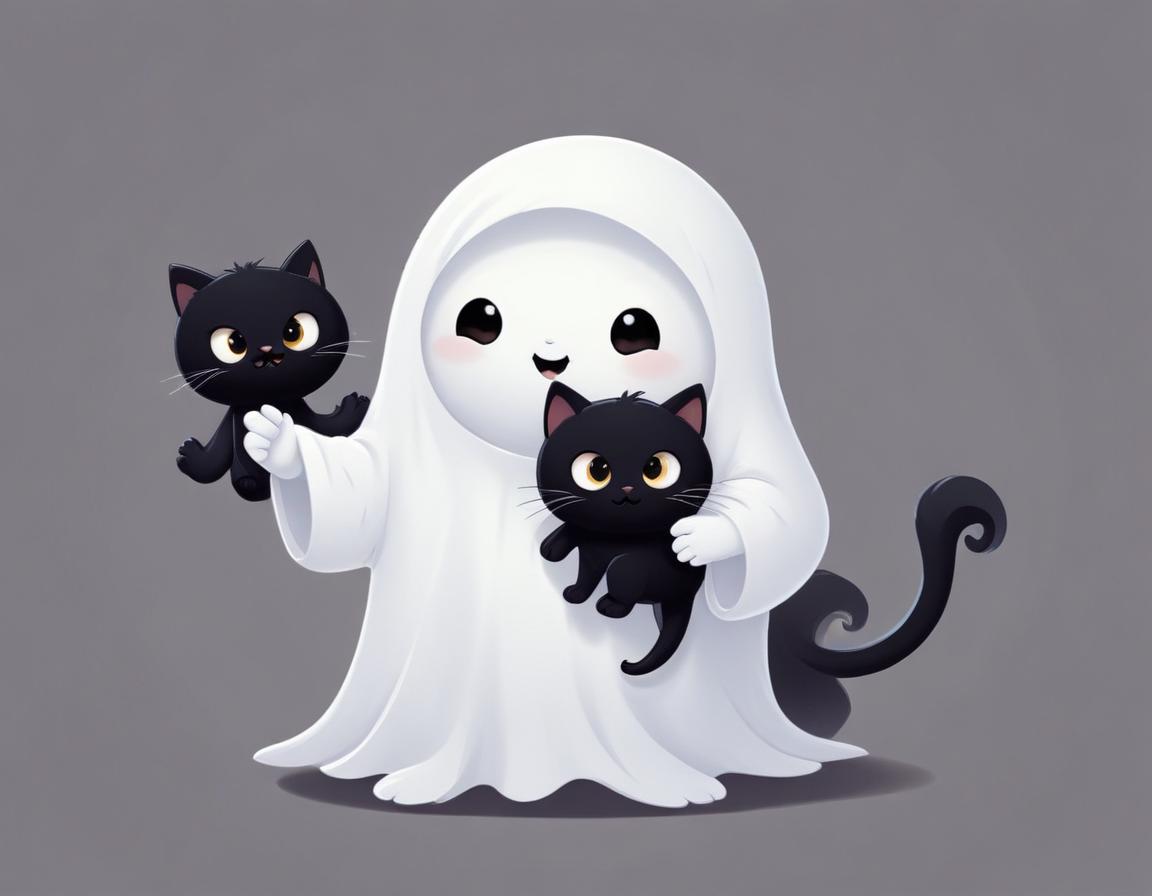 Cute ghost character holding two black kittens Cute ghost character holding two black kittens