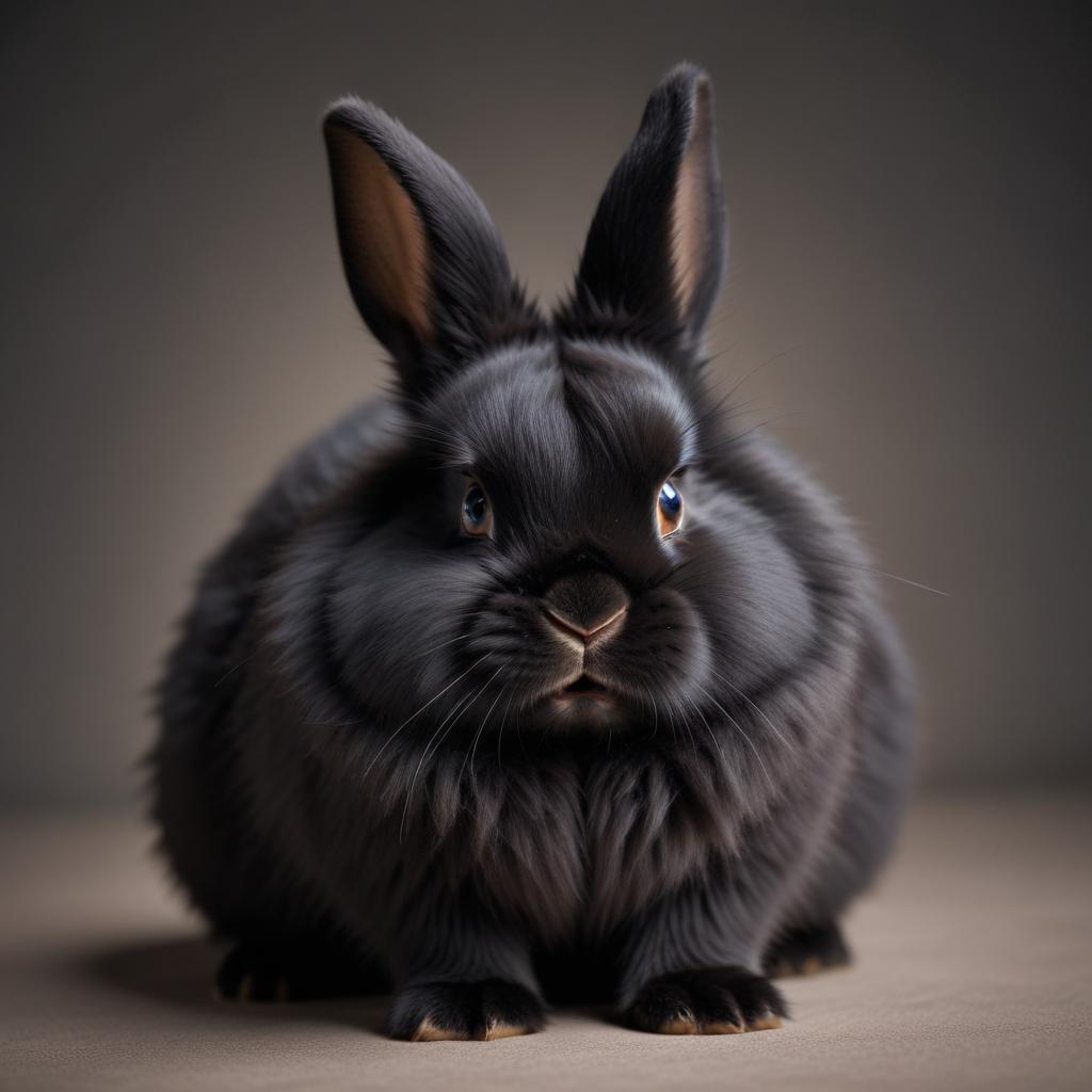 Cute black rabbit sitting on a soft surface in low light Cute black rabbit sitting on a soft surface in low light