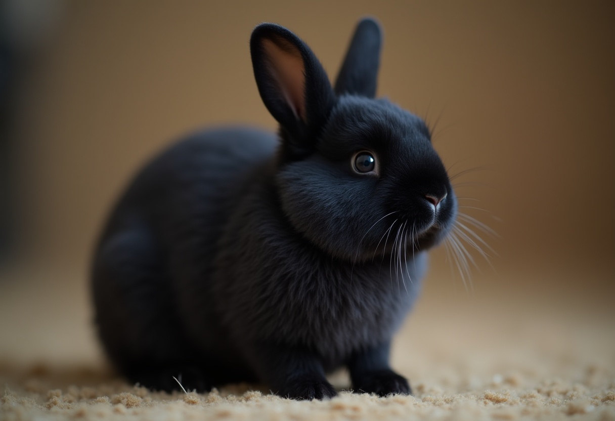 Black rabbit sitting quietly on soft carpet Black rabbit sitting quietly on soft carpet