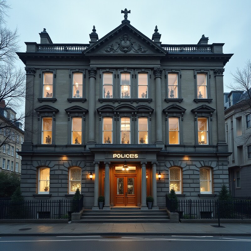 Historic building hosts police office in evening light Historic building hosts police office in evening light