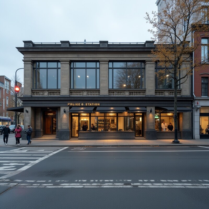Historic building transformed into a cafe on a busy street Historic building transformed into a cafe on a busy street