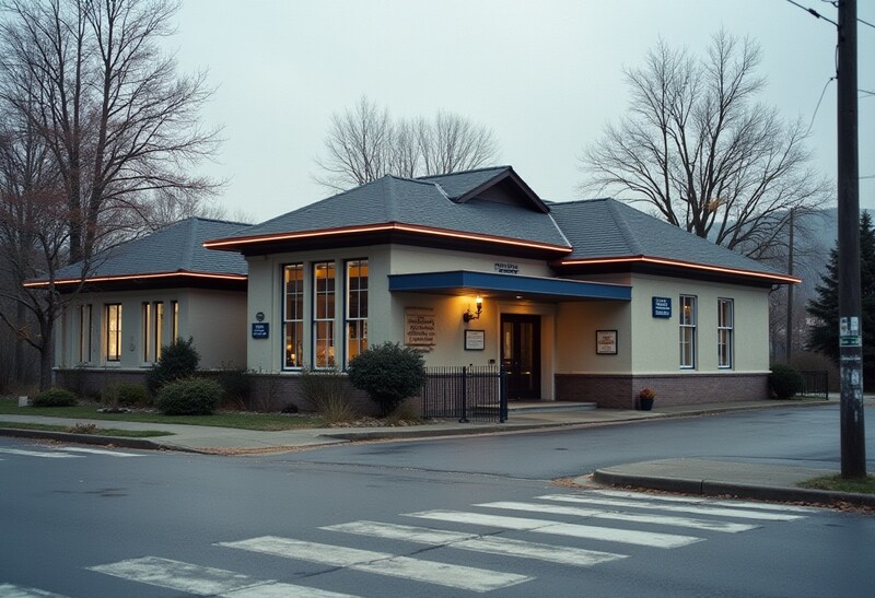 Building with illuminated edges in a quiet neighborhood Building with illuminated edges in a quiet neighborhood