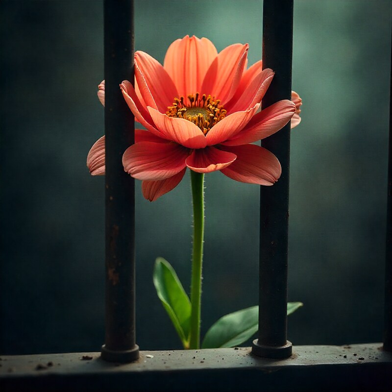 Bright flower growing through metal bars in a dark setting Bright flower growing through metal bars in a dark setting