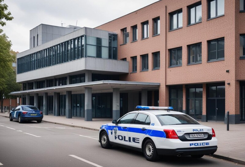 Police vehicle parked outside a modern police station Police vehicle parked outside a modern police station