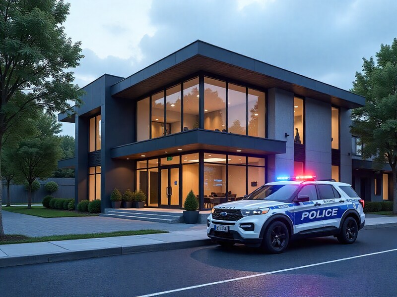 Police vehicle parked at modern building during evening Police vehicle parked at modern building during evening