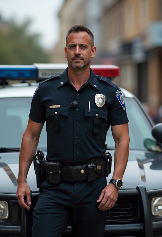 Officer stands confidently in front of patrol car Officer stands confidently in front of patrol car