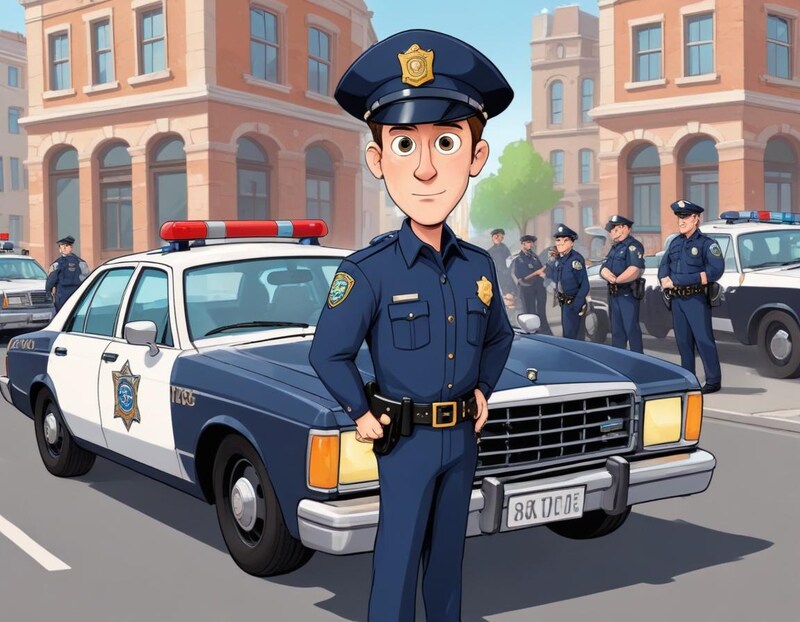Cartoon police officer stands in front of patrol car Cartoon police officer stands in front of patrol car