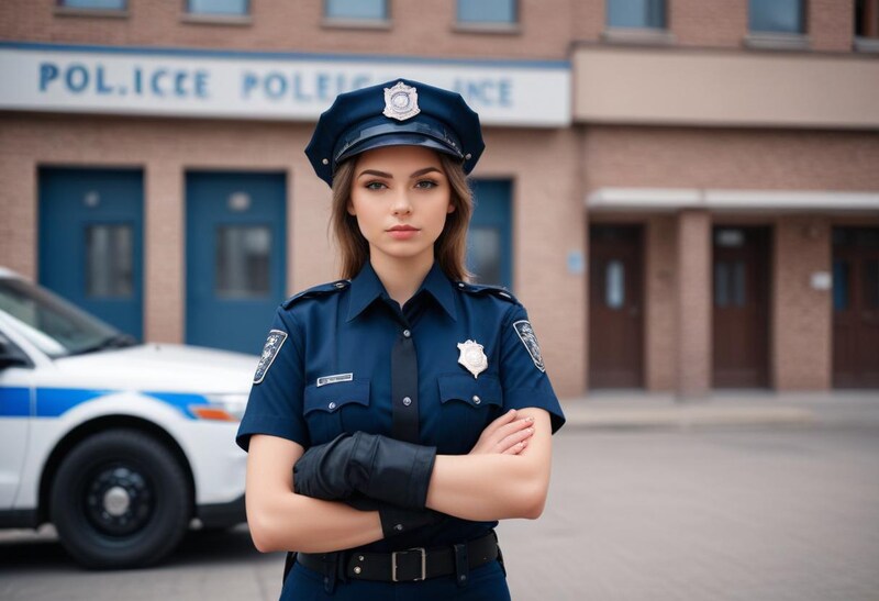 Brave police officer stands confidently outside precinct Brave police officer stands confidently outside precinct
