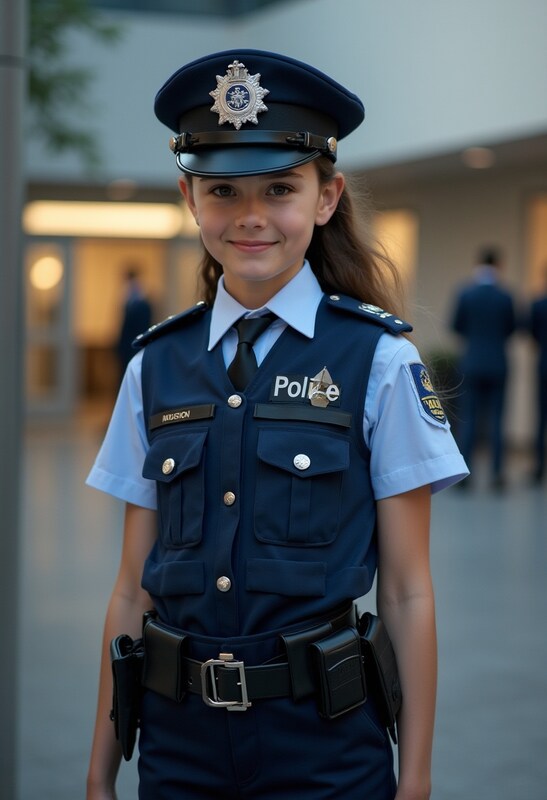 Young girl in police uniform at community event Young girl in police uniform at community event