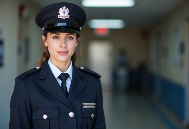 Police officer stands confidently in a hallway scene Police officer stands confidently in a hallway scene