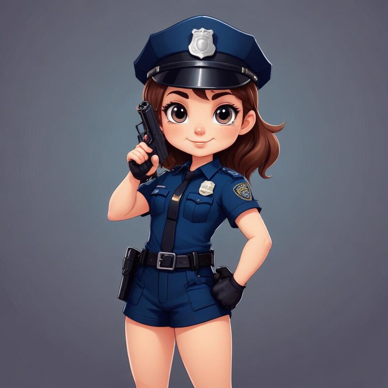 Cute cartoon police officer standing confidently with a gun Cute cartoon police officer standing confidently with a gun