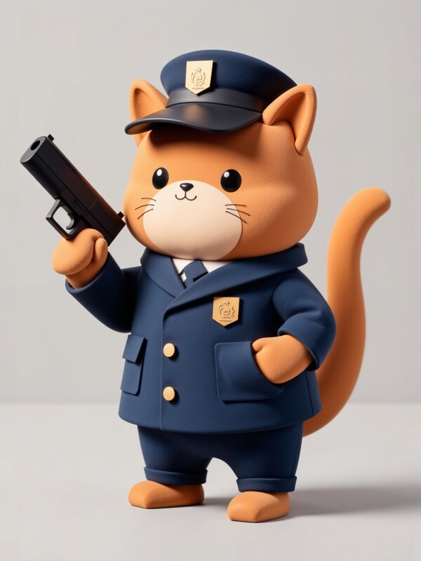 Cat character dressed as a police officer holding a gun Cat character dressed as a police officer holding a gun