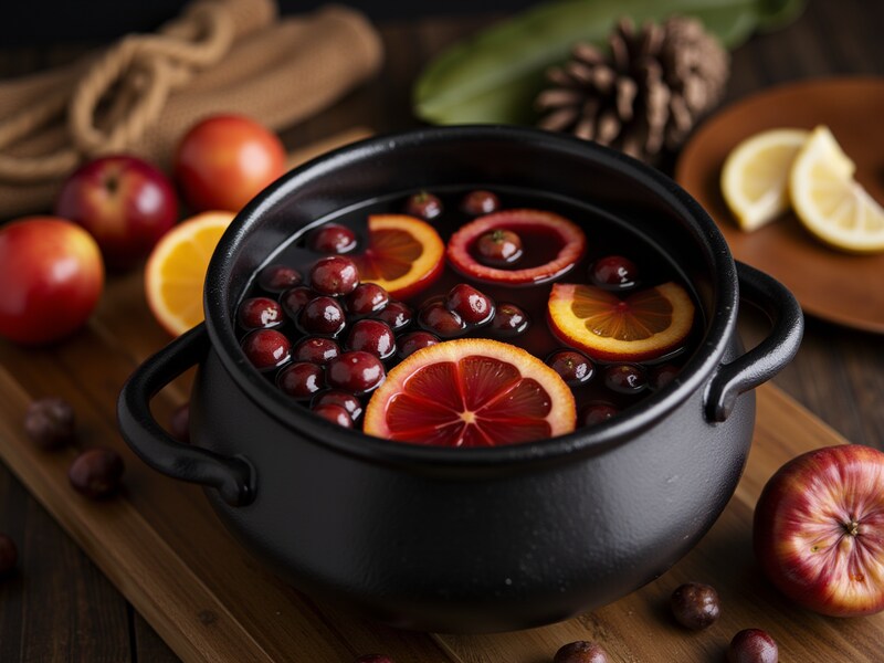 Warm spiced beverage with fruits in a black pot Warm spiced beverage with fruits in a black pot