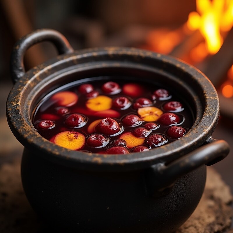 Warm fruit punch cooking in a traditional pot by the fire Warm fruit punch cooking in a traditional pot by the fire