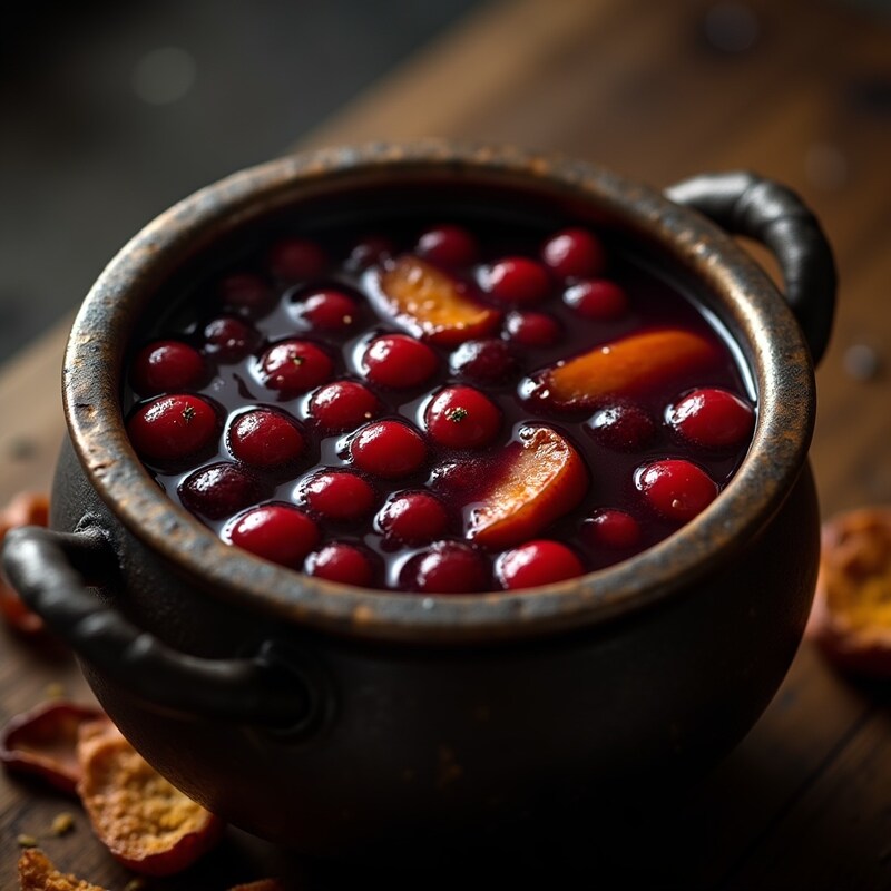 Warm cranberry drink in a rustic pot for winter gatherings Warm cranberry drink in a rustic pot for winter gatherings