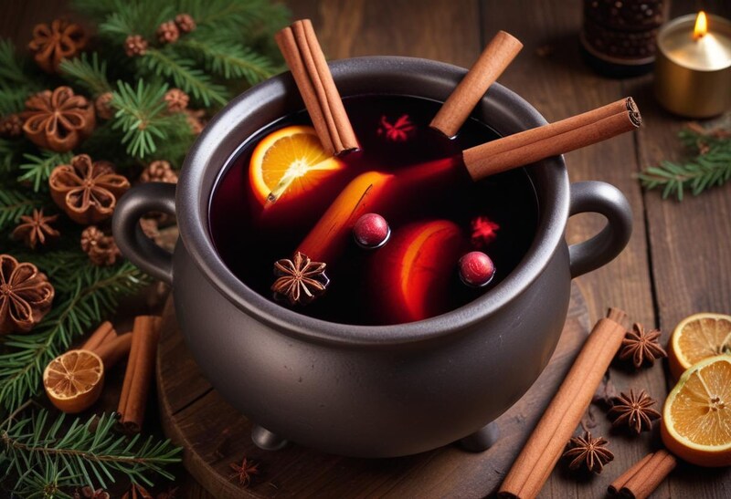 Warm holiday drink in a cauldron with festive spices Warm holiday drink in a cauldron with festive spices
