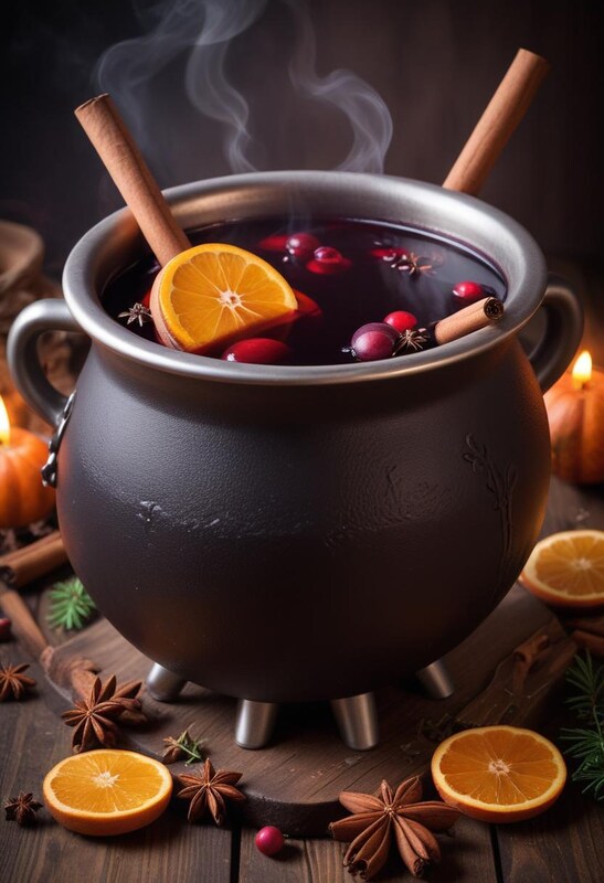 Warm spiced beverage simmering in a cauldron with fruit Warm spiced beverage simmering in a cauldron with fruit