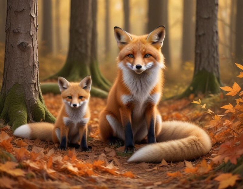 Fox family relaxing together in autumn forest setting Fox family relaxing together in autumn forest setting