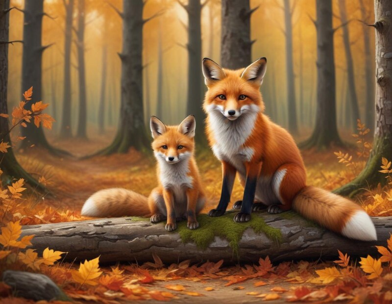 Foxes sit peacefully in an autumn forest scene Foxes sit peacefully in an autumn forest scene