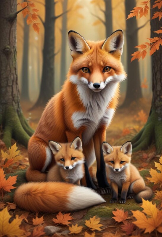 Family of foxes in a forest during autumn Family of foxes in a forest during autumn