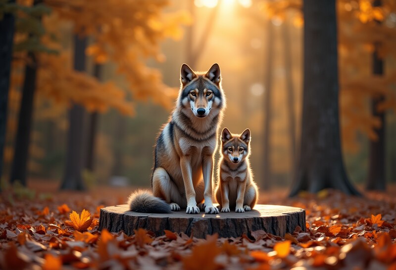 Wolves resting on a log in a vibrant autumn forest Wolves resting on a log in a vibrant autumn forest