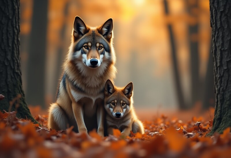 Wolves resting on autumn leaves in a tranquil forest Wolves resting on autumn leaves in a tranquil forest