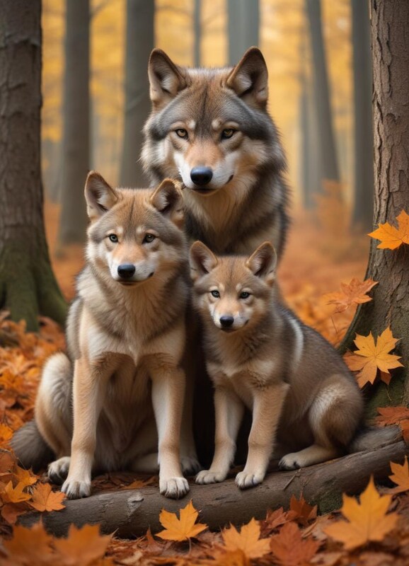Family of wolves in a serene autumn forest setting Family of wolves in a serene autumn forest setting