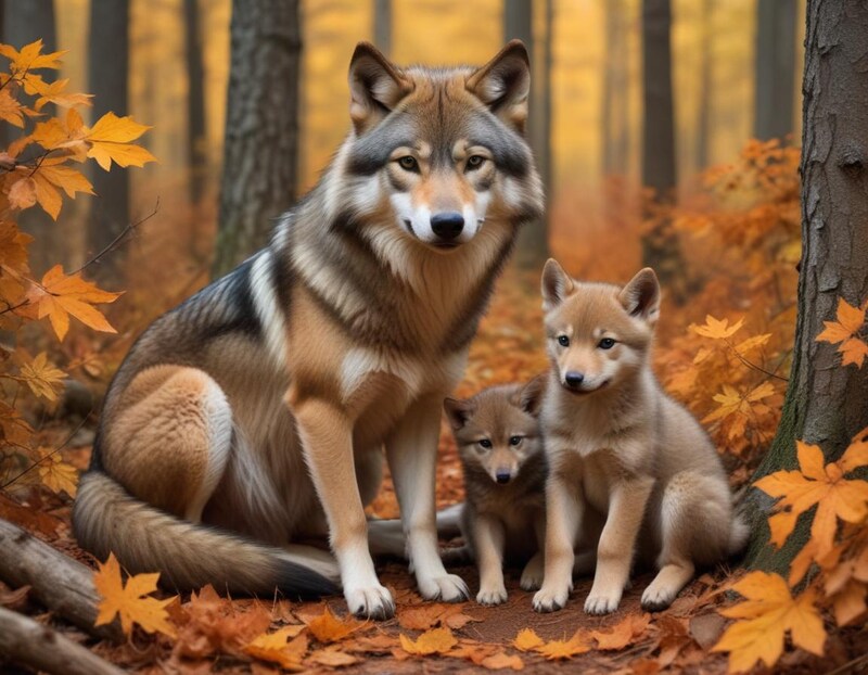 Wolves in a serene autumn forest with bright foliage Wolves in a serene autumn forest with bright foliage