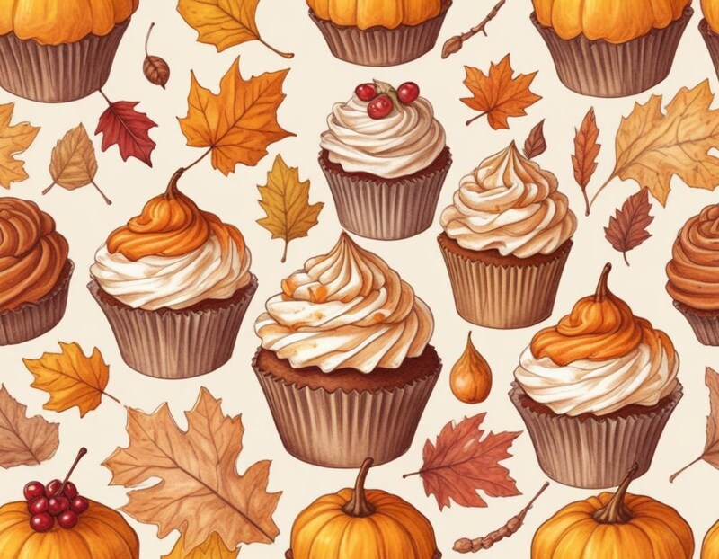 Delicious cupcakes with autumn leaves and pumpkins Delicious cupcakes with autumn leaves and pumpkins