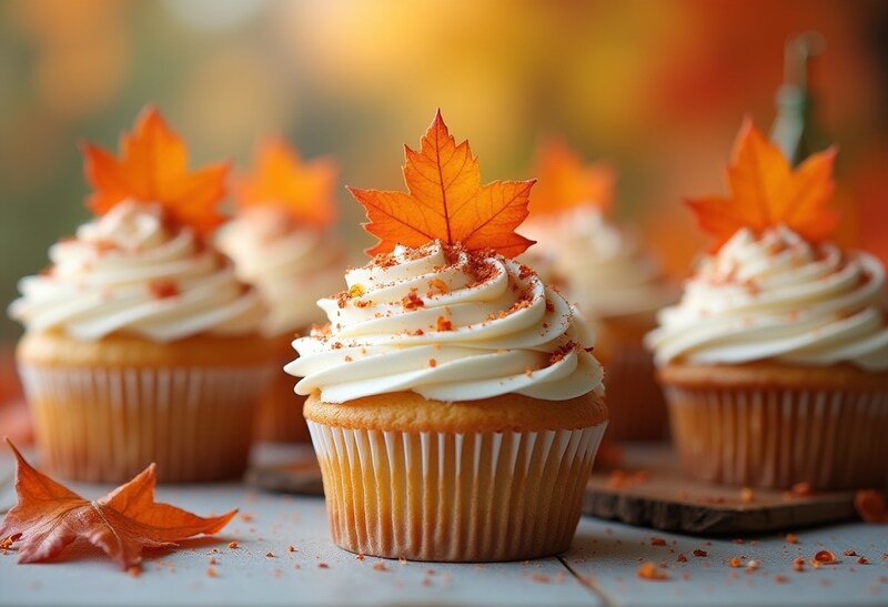 Delicious autumn cupcakes topped with maple leaves Delicious autumn cupcakes topped with maple leaves