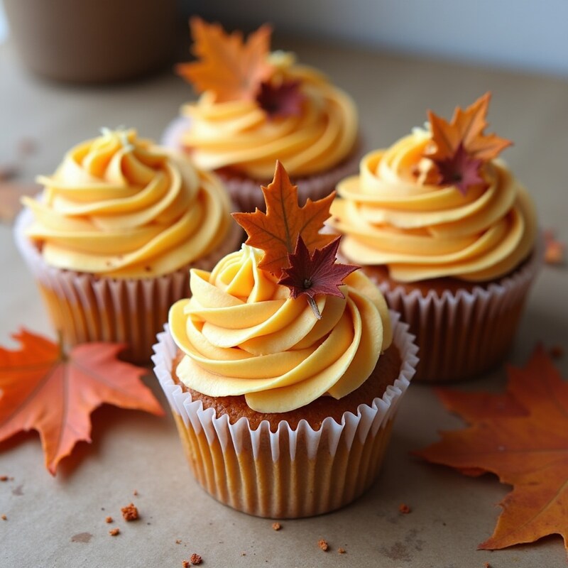 Autumn-themed cupcakes with maple frosting and leaves Autumn-themed cupcakes with maple frosting and leaves