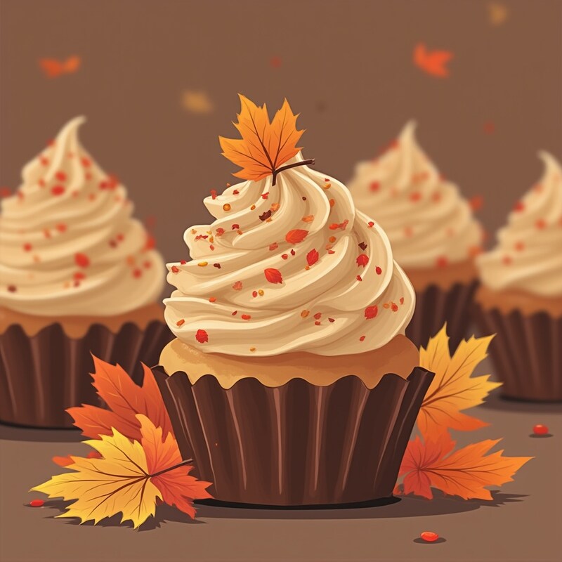 Delicious maple cupcakes with autumn leaves decoration Delicious maple cupcakes with autumn leaves decoration