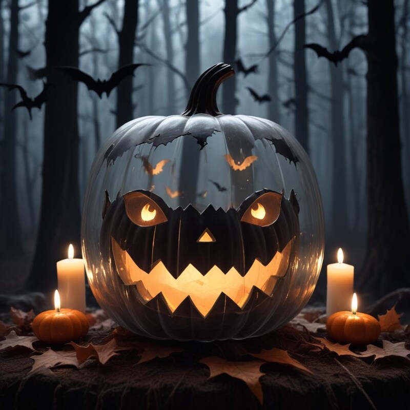 Spooky halloween scene with carved pumpkin in the forest Spooky halloween scene with carved pumpkin in the forest