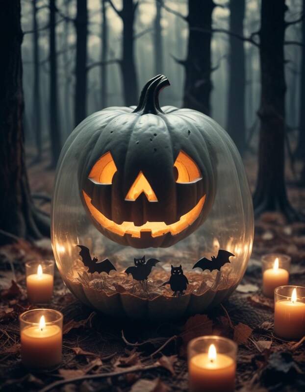 Halloween pumpkin with glowing candles in the forest Halloween pumpkin with glowing candles in the forest