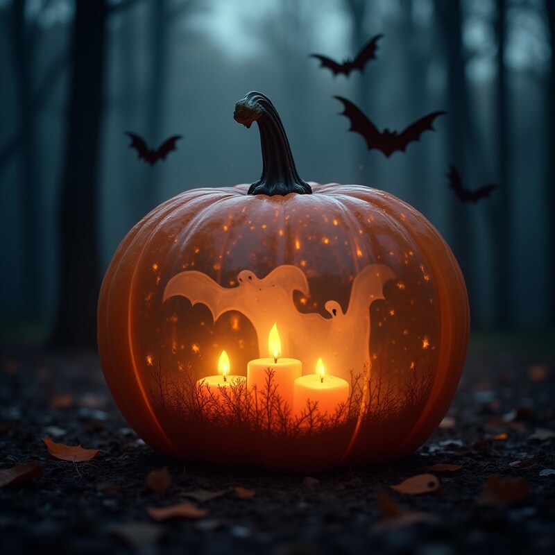 Spooky pumpkin with candlelight and bats at twilight Spooky pumpkin with candlelight and bats at twilight