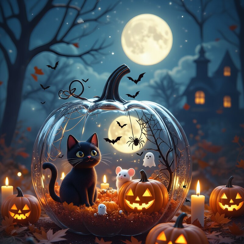 Halloween night scene with black cat and pumpkins Halloween night scene with black cat and pumpkins