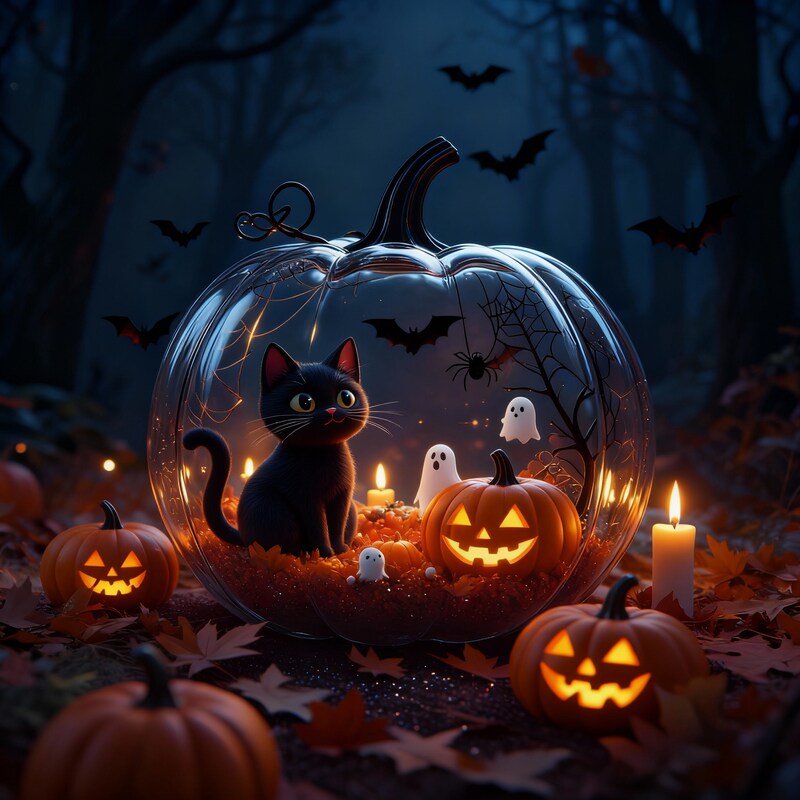 Black cat inside a glowing pumpkin during halloween night Black cat inside a glowing pumpkin during halloween night