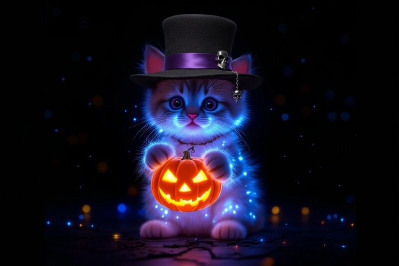 Cute kitten in a top hat holding a glowing pumpkin Cute kitten in a top hat holding a glowing pumpkin