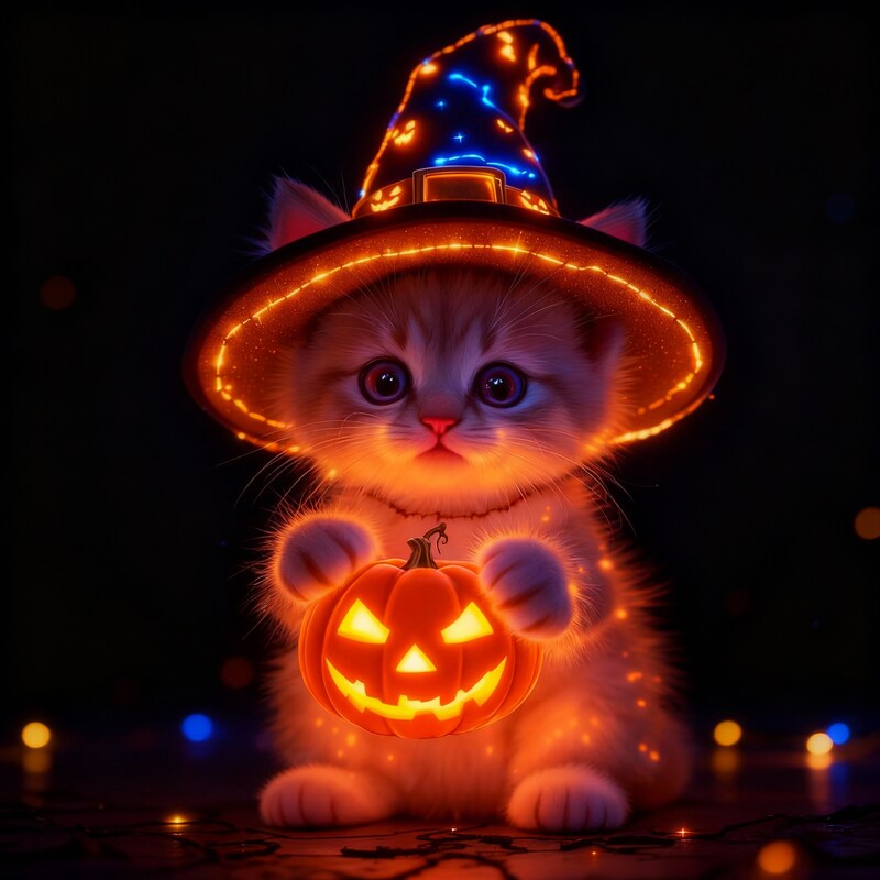 Kitten in a witch hat with a pumpkin on halloween Kitten in a witch hat with a pumpkin on halloween