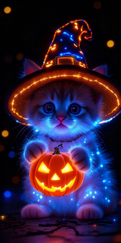 Adorable kitten in halloween hat with glowing pumpkin Adorable kitten in halloween hat with glowing pumpkin