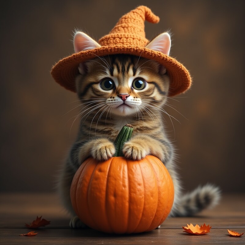 Cute kitten in a hat with a pumpkin for halloween Cute kitten in a hat with a pumpkin for halloween