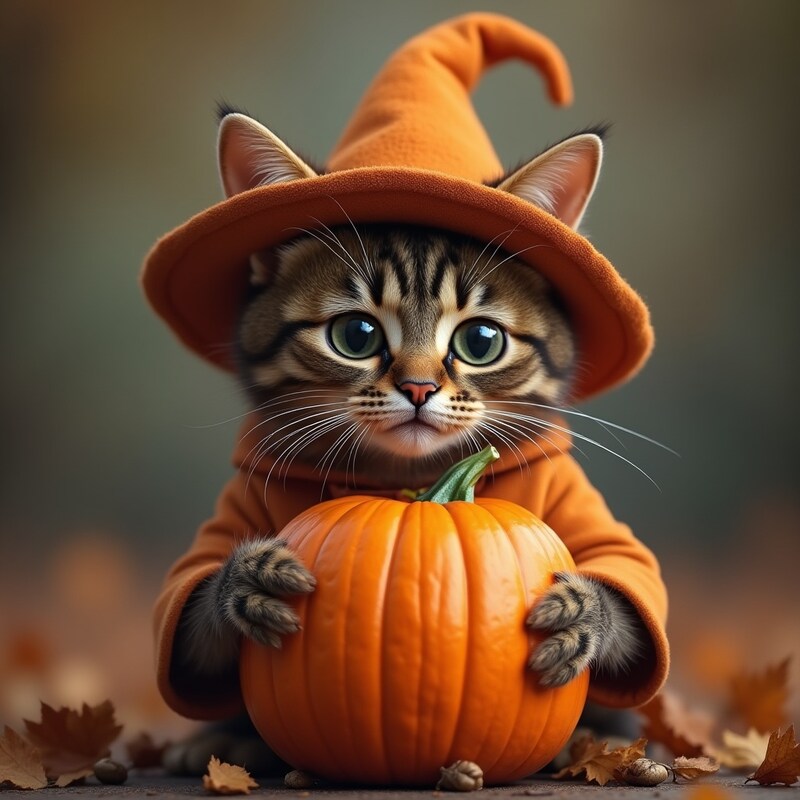 Cute cat in a witch hat with a pumpkin for halloween Cute cat in a witch hat with a pumpkin for halloween