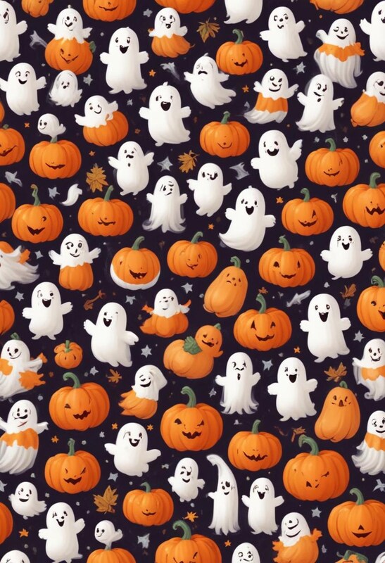 Festive scene with colorful ghosts and pumpkins Festive scene with colorful ghosts and pumpkins