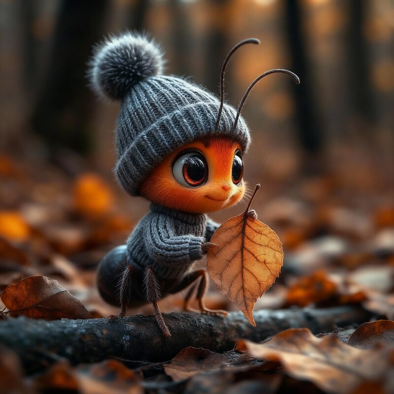 Cute little ant wearing a sweater in a forest setting Cute little ant wearing a sweater in a forest setting