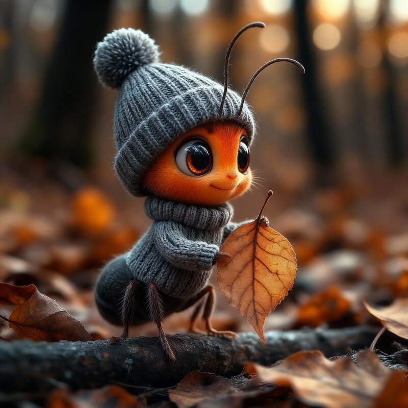 Cute cartoon insect dressed warmly in autumn forest Cute cartoon insect dressed warmly in autumn forest